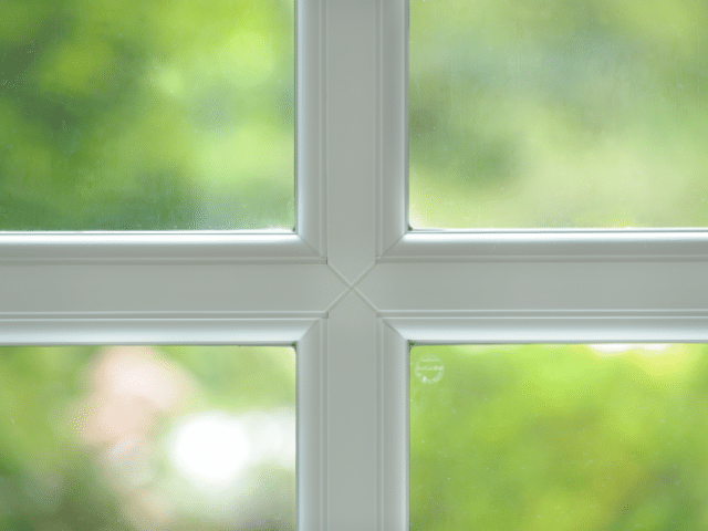 A bow window featuring four square panes, each adorned with blue circular designs.