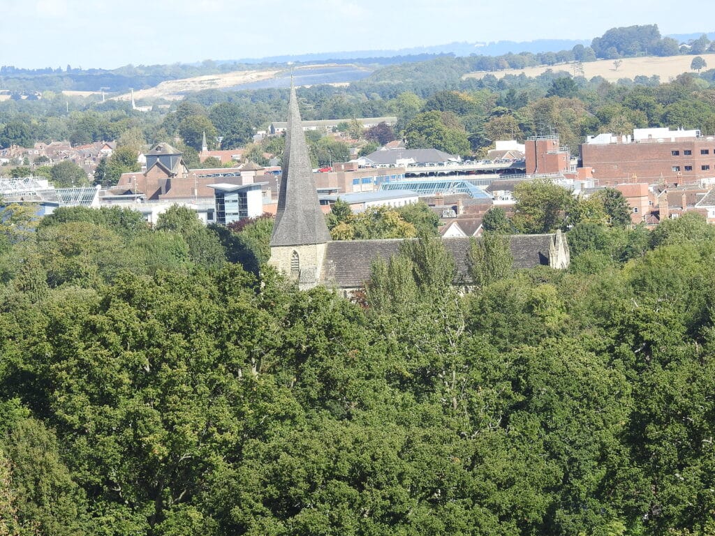 st marys church in horsham, west sussex, as viewed from denne hill